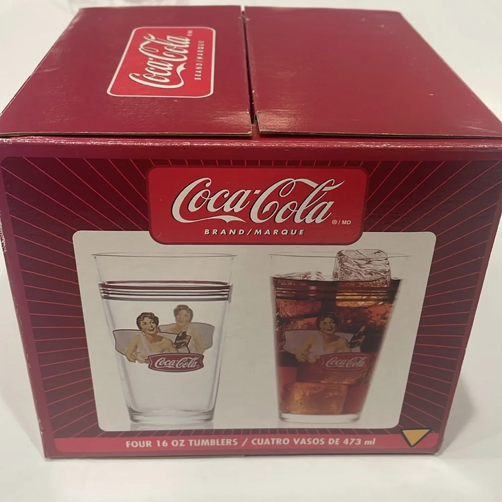 Coca Cola Red and White Tumbler Set Original Box 16oz 4 Glasses
